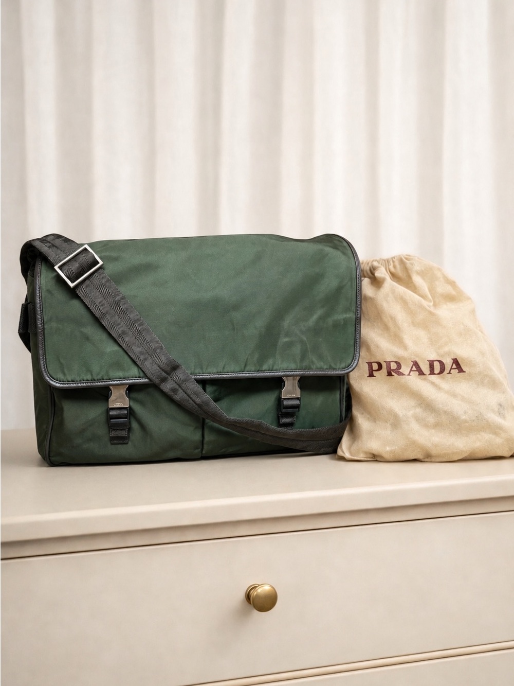 PRADA Women’s  Nylon Messenger Bag Green Brown Leather Trim Unisex + Dust Bag
